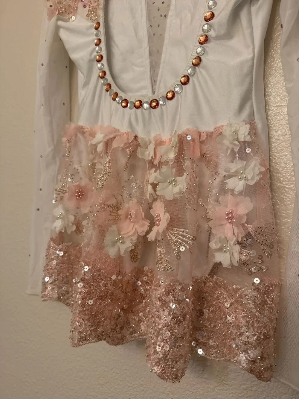 Glamour solo dance costume white lyrical floral lace long sleeve XLC child